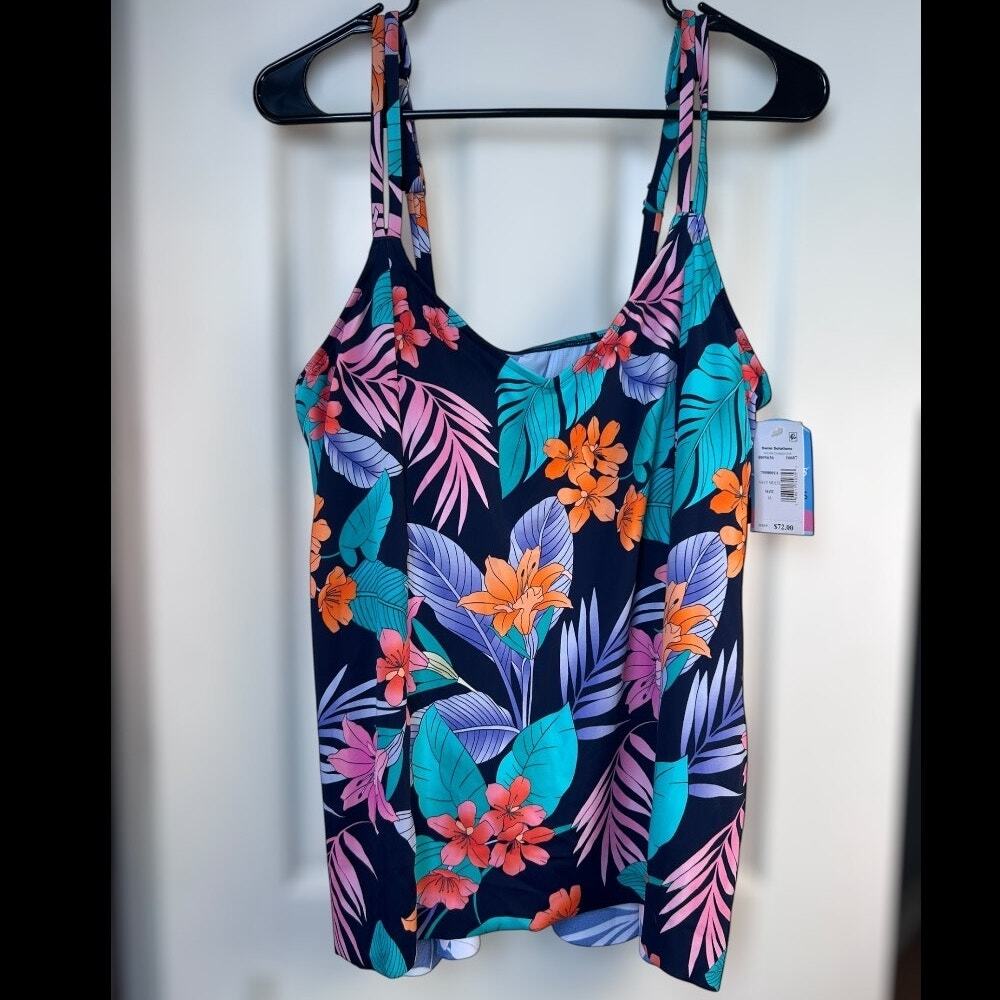Swim Solutions Hi Low Tankini Swim Top Navy Tropical Print Size 16 NWT